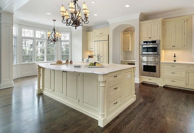 wide-plank laminate floors in rustic farmhouse in Beverly Shores